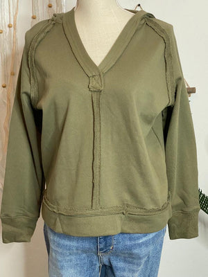 Pullover V-Neck Raw Seam Hoodie in 3 Colors in Regular & Curvy