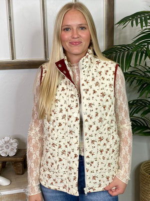 Floral Quilted Zip Up Vest with Cream & Dark Rust