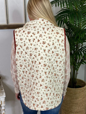 Floral Quilted Zip Up Vest with Cream & Dark Rust