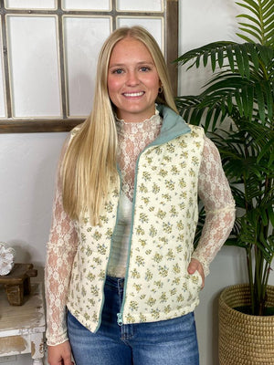 Floral Zip Up Puffer Vest with Cream and Blue