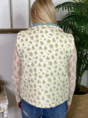 Floral Zip Up Puffer Vest with Cream and Blue