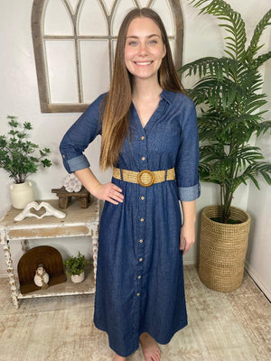 Denim Maxi Dress with Belt