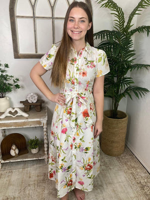 White Floral Button Up Midi Dress