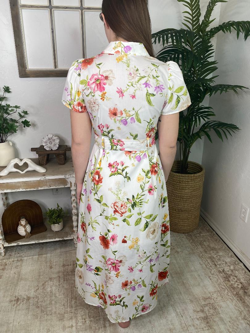 White Floral Button Up Midi Dress