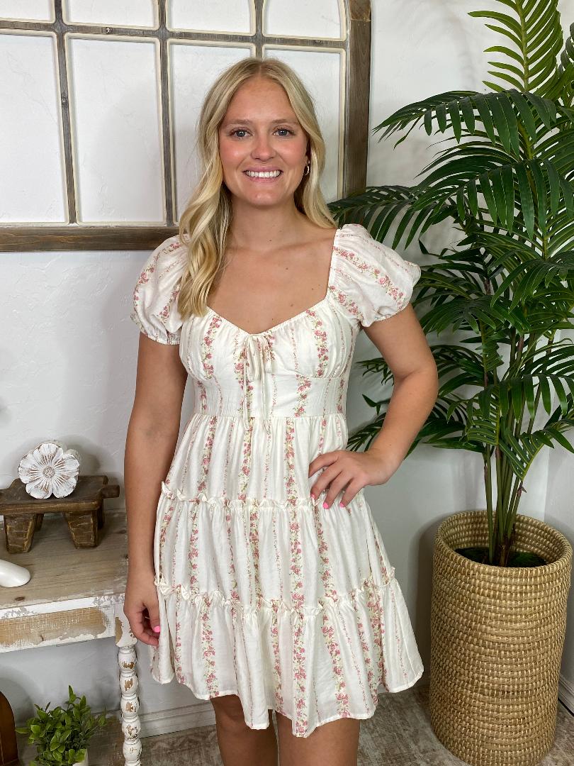 Cream Dress with Tiny Pink Flowers S-3XL