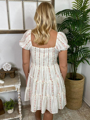 Cream Dress with Tiny Pink Flowers S-3XL