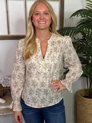 Ivory with Brown Floral Split Neck Blouse