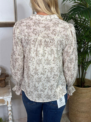 Ivory with Brown Floral Split Neck Blouse