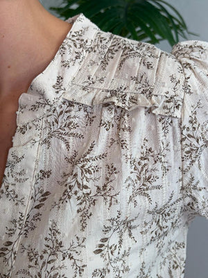 Ivory with Brown Floral Split Neck Blouse