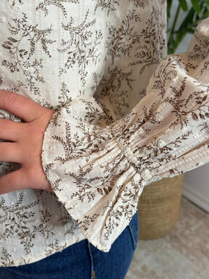 Ivory with Brown Floral Split Neck Blouse