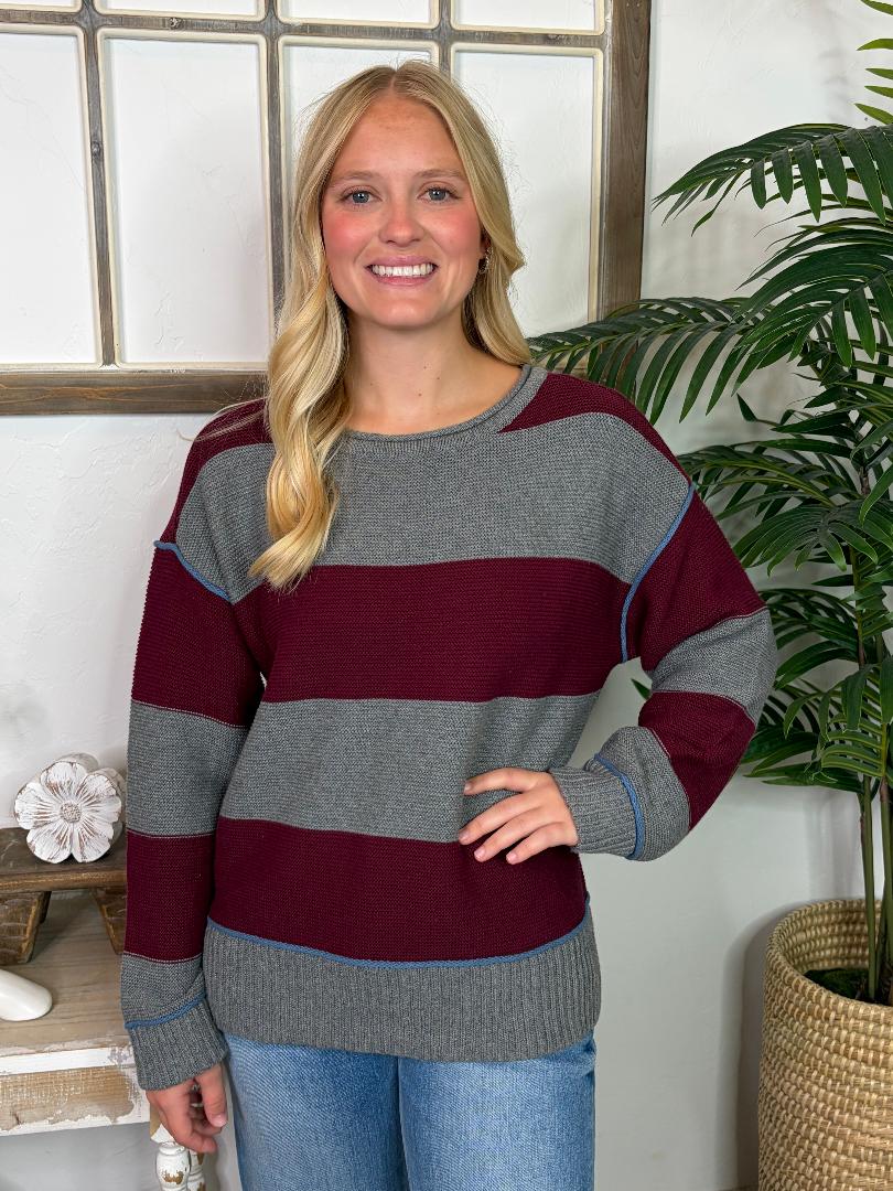 Gray & Burgundy Wide Striped Sweater