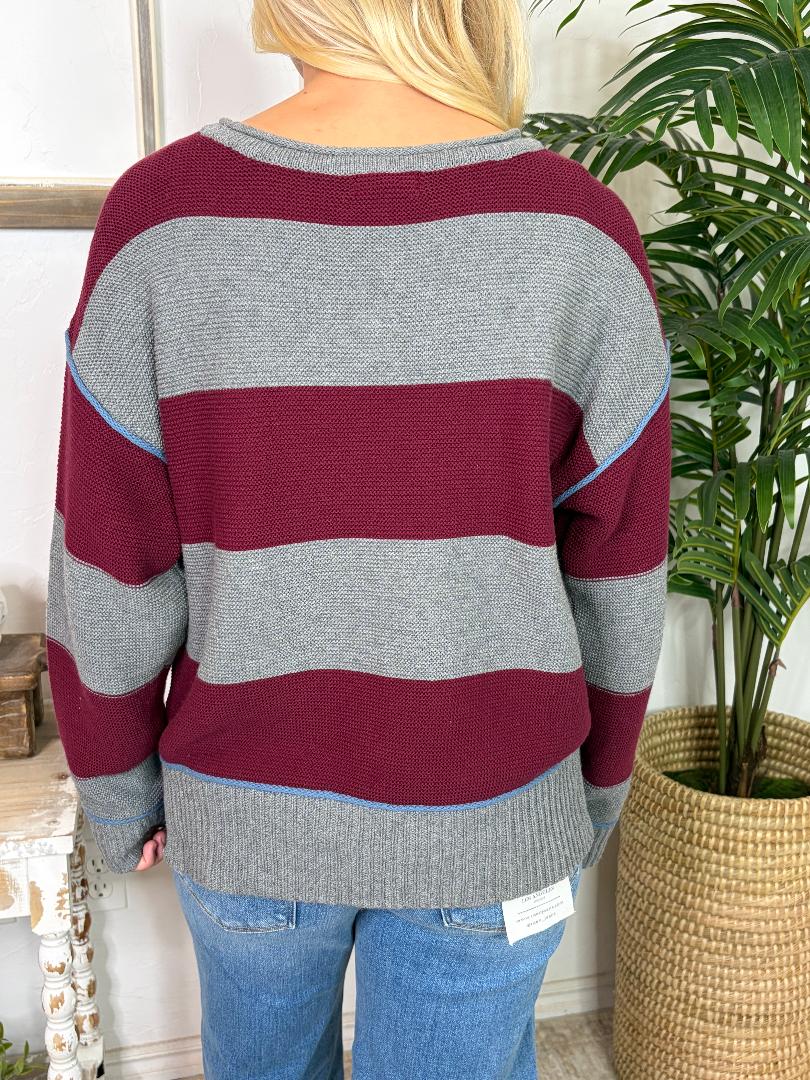Gray & Burgundy Wide Striped Sweater