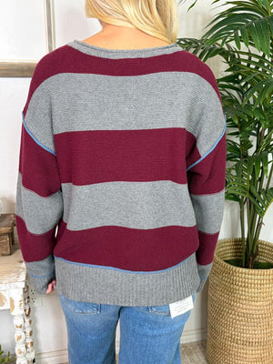 Gray & Burgundy Wide Striped Sweater