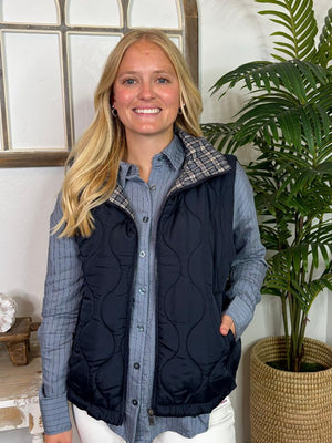 Navy Zip Up Vest with Plaid Lining