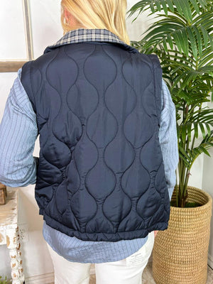 Navy Zip Up Vest with Plaid Lining