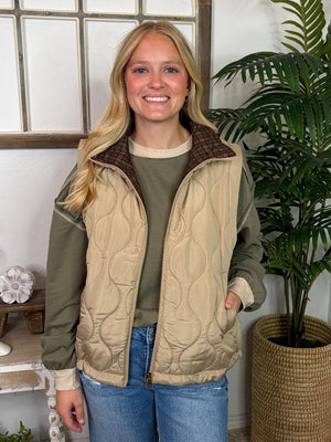 Khaki Zip Up Vest with Plaid Lining