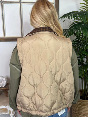 Khaki Zip Up Vest with Plaid Lining