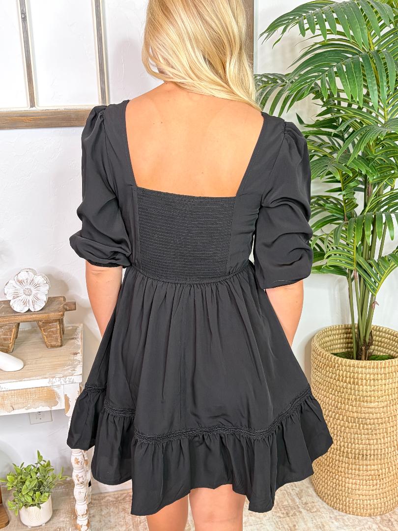 Black 3/4 Sleeve Lace Trim Mini Dress