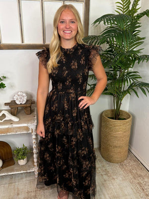 Black Smocked Ruffled Tiered Midi Dress with Tan Flowers
