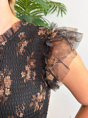Black Smocked Ruffled Tiered Midi Dress with Tan Flowers