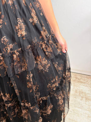 Black Smocked Ruffled Tiered Midi Dress with Tan Flowers