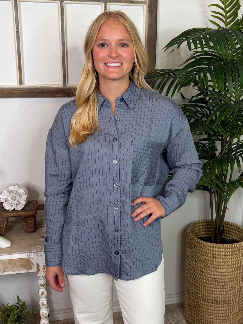 Mocha or Dusty Blue Pinstriped Button Down Top