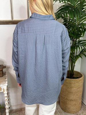 Mocha or Dusty Blue Pinstriped Button Down Top
