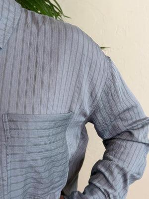 Mocha or Dusty Blue Pinstriped Button Down Top