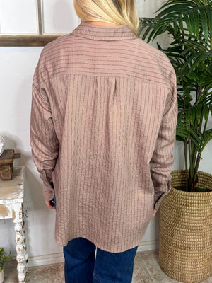 Mocha or Dusty Blue Pinstriped Button Down Top