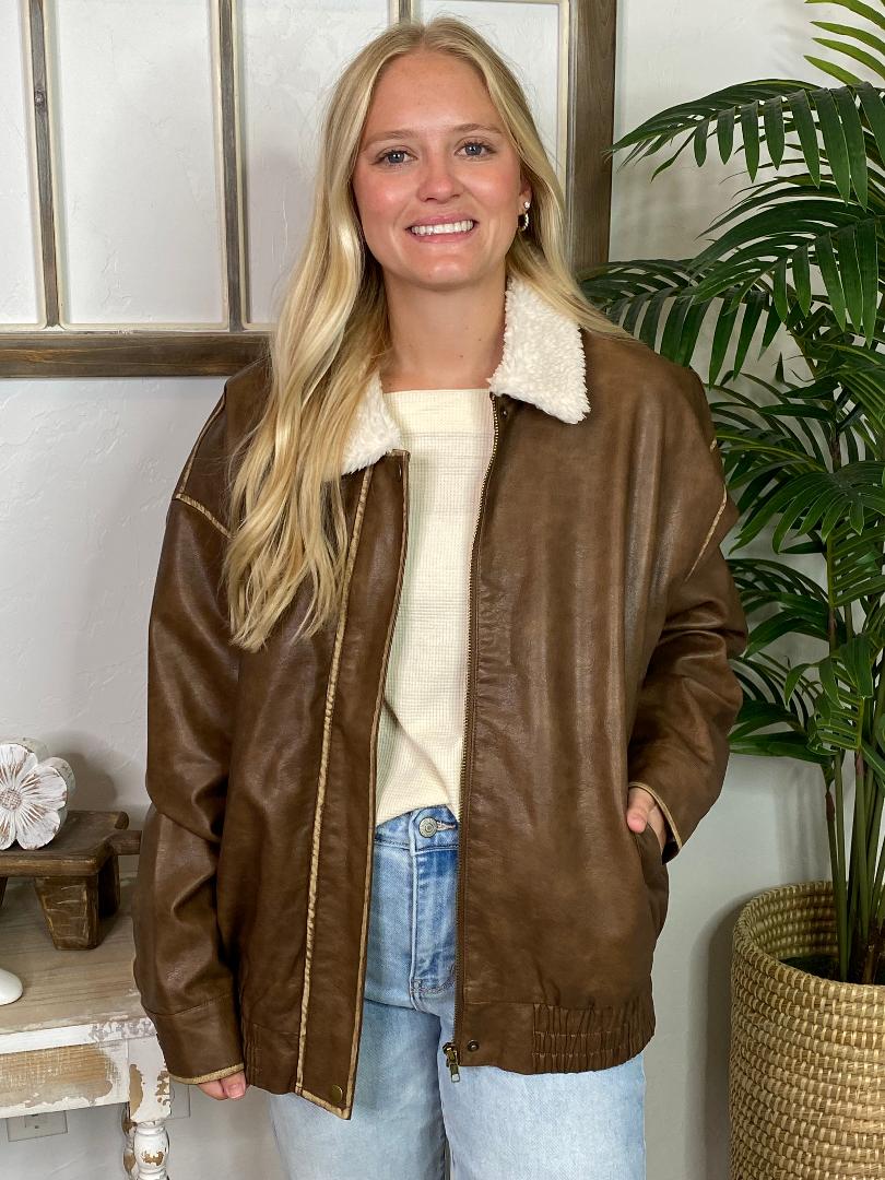 Brown Faux Leather Shearling Collar Zip Up Jacket