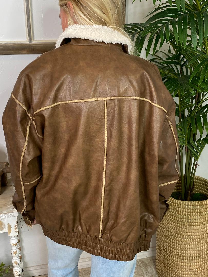 Brown Faux Leather Shearling Collar Zip Up Jacket