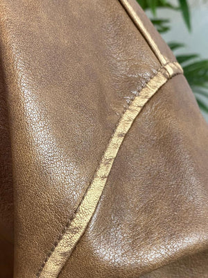 Brown Faux Leather Shearling Collar Zip Up Jacket