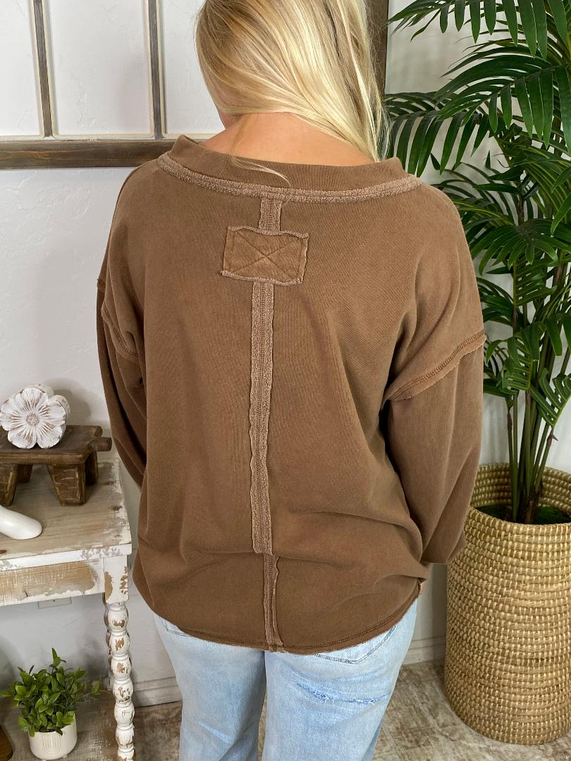 Fleece Lined V-Neck Pullover in Brown