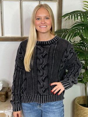 Washed Charcoal Cable Knit Pullover Sweater