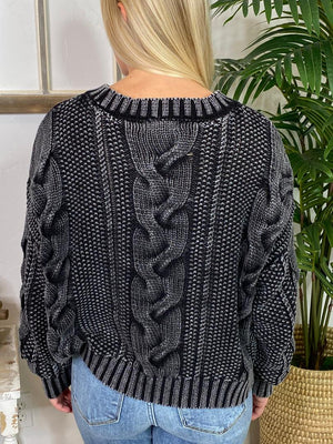 Washed Charcoal Cable Knit Pullover Sweater