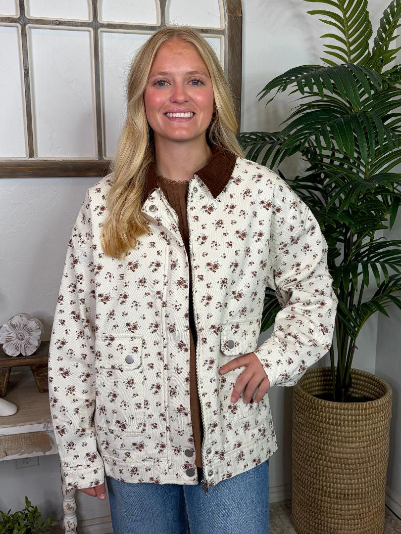 Ivory Floral Jacket with Corduroy Collar