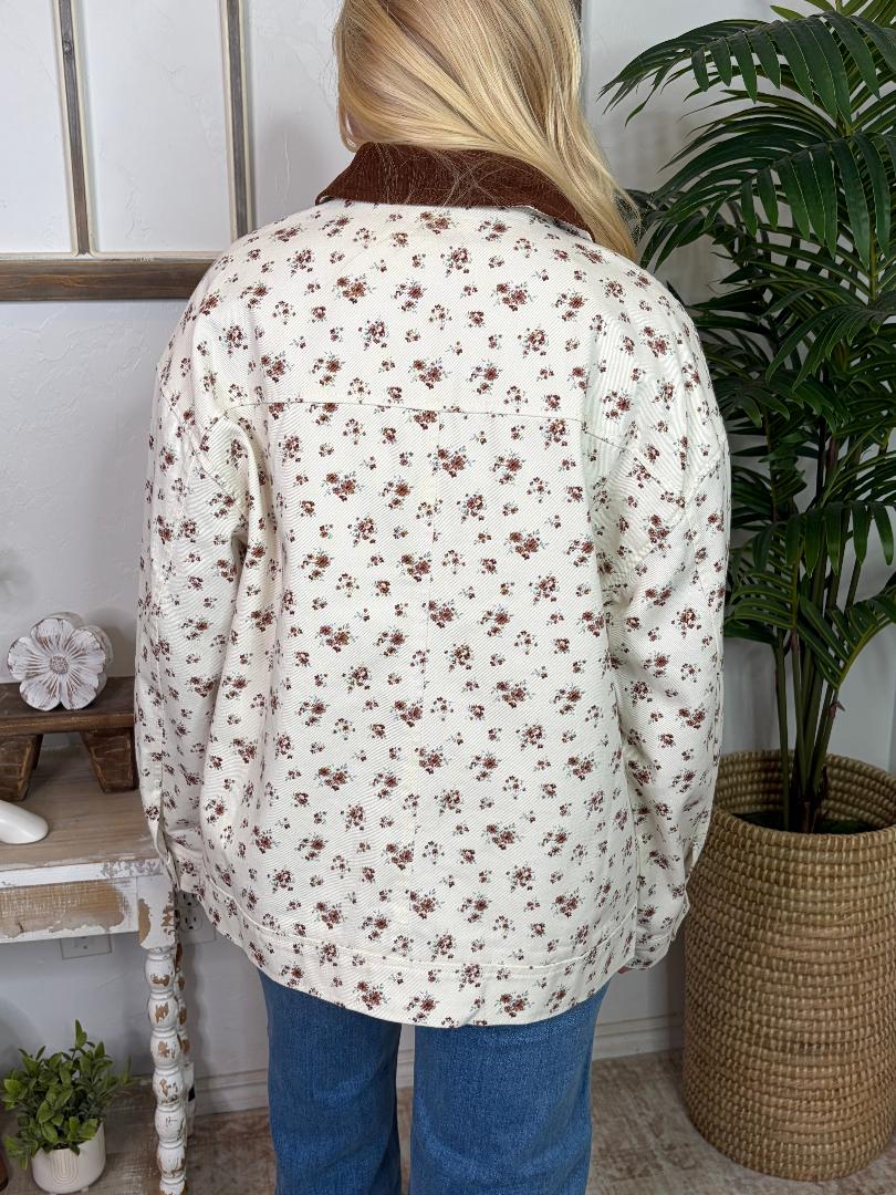 Ivory Floral Jacket with Corduroy Collar