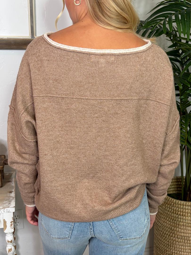 Mocha Lightweight Sweater with Contrast Ivory Trim S-3XL