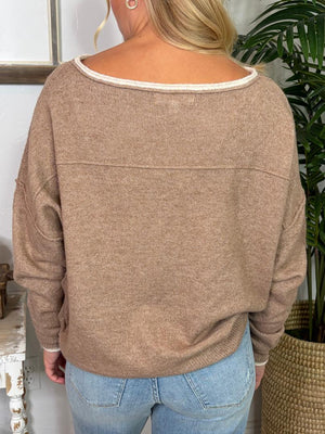 Mocha Lightweight Sweater with Contrast Ivory Trim S-3XL