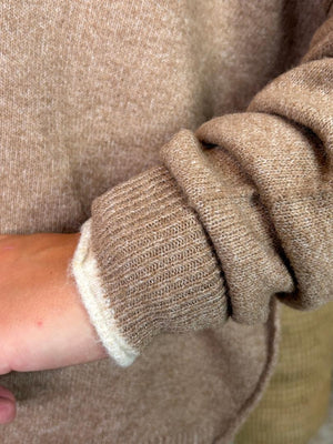Mocha Lightweight Sweater with Contrast Ivory Trim S-3XL