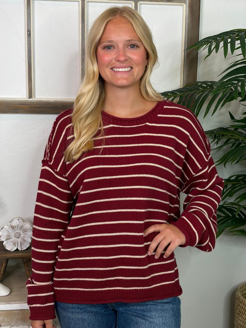 Burgundy and White Striped Sweater