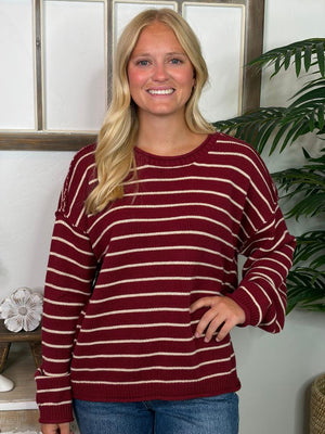 Burgundy and White Striped Sweater