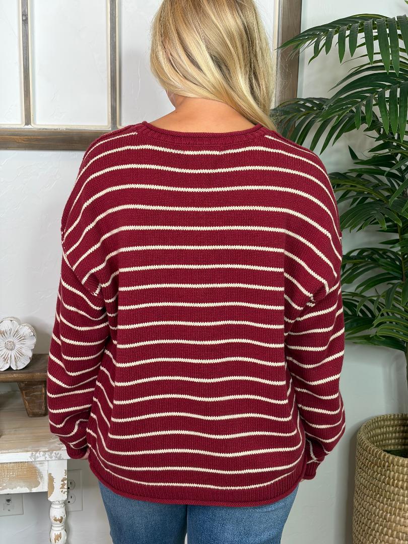 Burgundy and White Striped Sweater