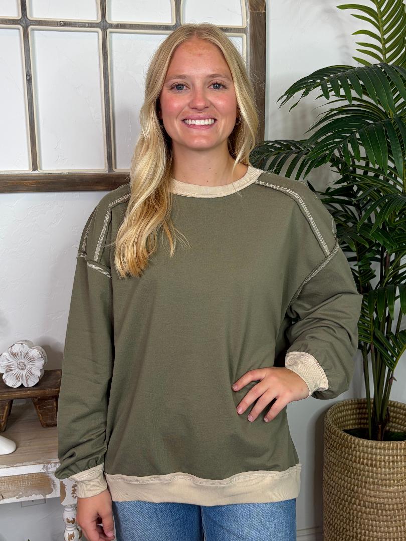 Sage and Cream Exposed Seam Contrast Trim Top