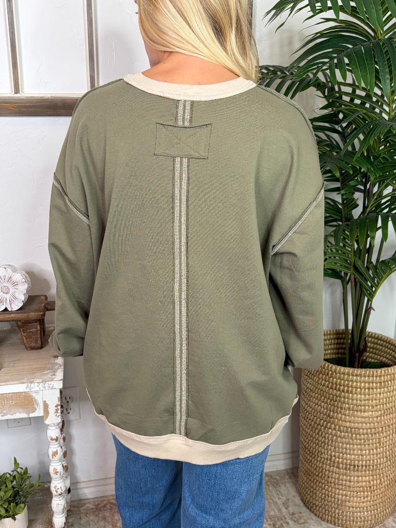 Sage and Cream Exposed Seam Contrast Trim Top