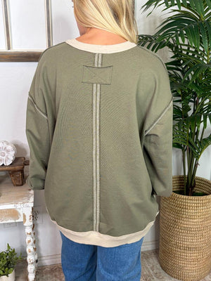 Sage and Cream Exposed Seam Contrast Trim Top