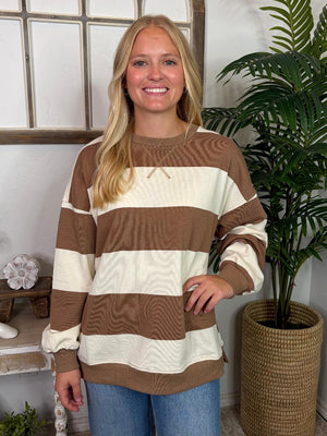 Wide Striped Pullover in Red, Mocha or Hunter Green