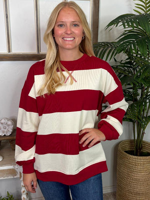 Wide Striped Pullover in Red, Mocha or Hunter Green