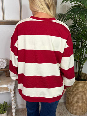 Wide Striped Pullover in Red, Mocha or Hunter Green