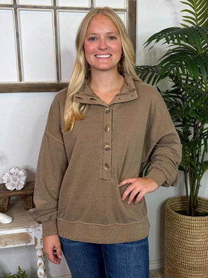 Mocha Mock Neck Half Button Pullover